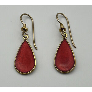 VTG Laurel Burch Red Enamel Teardrop Earrings Gold Tone Signed Dangle Hook